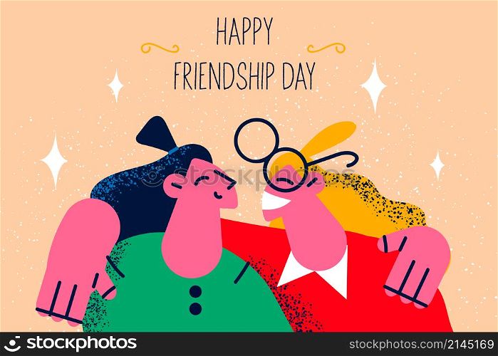 Smiling girls hug enjoy good long friendship. Happy diverse young women friends embrace cuddle. Girlfriends relax together celebrate occasion. Unity and relationship. Vector illustration. . Smiling girls hug enjoy good lasting friendship