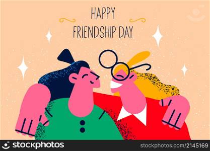 Smiling girls hug enjoy good long friendship. Happy diverse young women friends embrace cuddle. Girlfriends relax together celebrate occasion. Unity and relationship. Vector illustration. . Smiling girls hug enjoy good lasting friendship