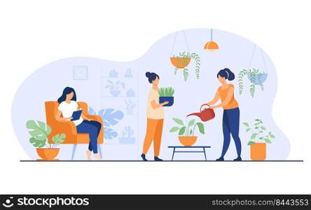 Smiling girls in greenhouse growing plants in pots isolated flat vector illustration. Cartoon characters caring for houseplants in home garden. Hobby and modern interior concept