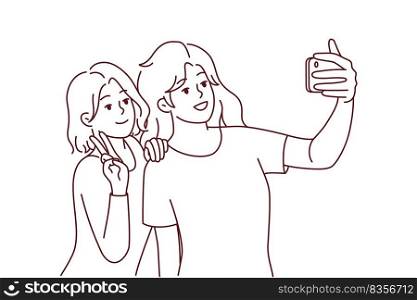 Smiling girls making selfie on smartphone together. Happy women have fun take self-portrait picture on modern cellphone camera. Vector illustration.. Smiling girls make selfie on smartphone