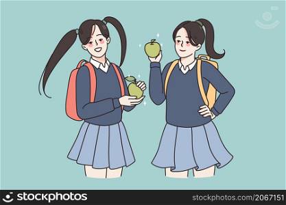 Smiling girls pupils in school uniform and backpacks having lunch eating apple. Happy female students enjoy break in college or university. Education and learning concept. Flat vector illustration. . Smiling girls in uniform have lunch break