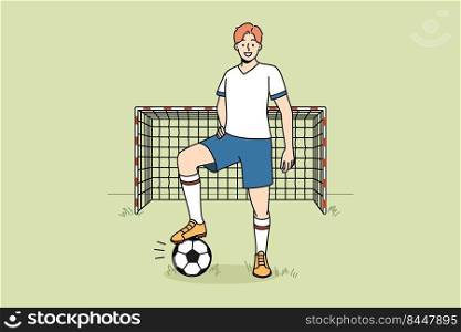 Smiling goalkeeper in uniform standing on field. Happy man player with ball playing football outdoors. Sport and hobby. Vector illustration.. Smiling football player with ball on field