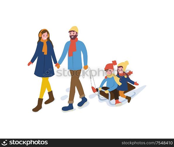 Smiling going mum and dad holding each others with sitting daughter and son on sleigh. Family winter going outdoor vector in flat style isolated on white. Family Winter Going Outdoor with Sleigh Vector