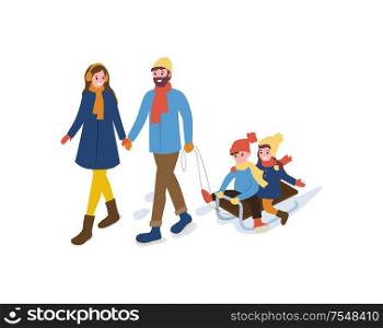 Smiling going mum and dad holding each others with sitting daughter and son on sleigh. Family winter going outdoor vector in flat style isolated on white. Family Winter Going Outdoor with Sleigh Vector