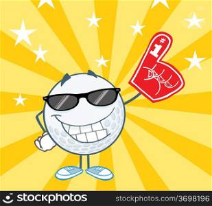 Smiling Golf Ball Character With Sunglasses And Foam Finger