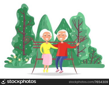 Smiling grandfather embracing grandmother and sitting on bench in park. Happy elderly people in casual clothes relaxing on wooden seat near green spruce. Older male and female in dating vector. Dating of Grandparents Hugging on Bench Vector