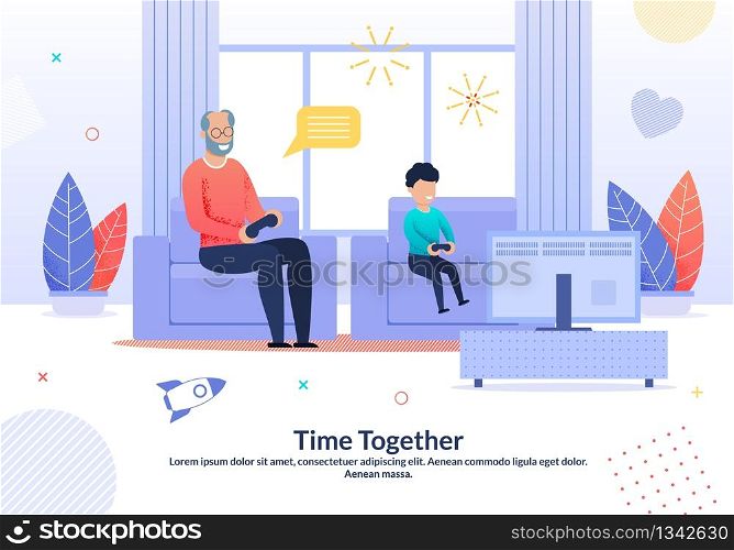 Smiling Grandfather Spending Joyful Time with Grandchild Poster. Cartoon Granny Playing Video Games with Grandchild. Happy Weekend at Home. Living Room Interior. Vector Flat illustration. Grandfather Spending Time with Grandchild Poster