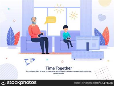 Smiling Grandfather Spending Joyful Time with Grandchild Poster. Cartoon Granny Playing Video Games with Grandchild. Happy Weekend at Home. Living Room Interior. Vector Flat illustration. Grandfather Spending Time with Grandchild Poster