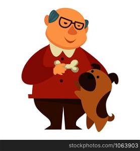 Smiling grandpa, owner giving a bone to his jumping small cute brown dog, puppy, colorful cartoon, flat concept vector illustration on white background. Smiling grandpa giving a bone to his small dog