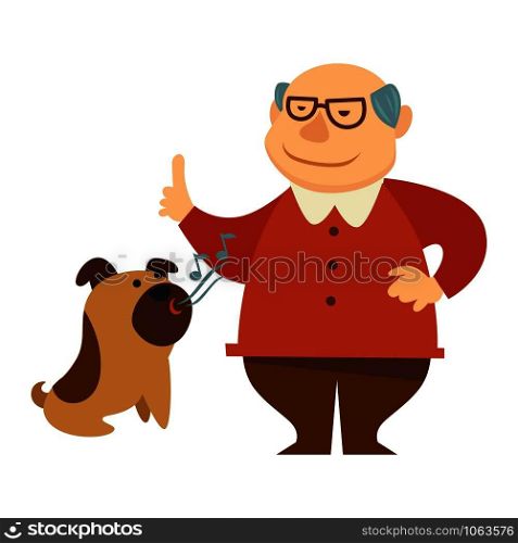 Smiling grandpa, owner giving a command and his cute brown dog, puppy barking, colorful cartoon, flat concept vector illustration on white background. Smiling grandpa giving a command to bark for his dog