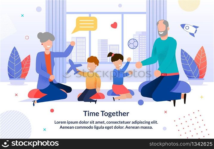 Smiling Grandparents and Grandchildren Gathering Spending Time Together Flat Poster. Happy Relatives Playing Toys in Living Room at Home. Communication Relationships. Vector Cartoon Illustration. Grandparents and Grandchildren Together Poster