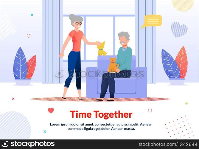 Smiling Grandparents Petting Cat, Dog Rest at Home. Senior Married Man and Woman Family Spending Time Together. Living Room Interior. Flat Motivation Poster. Vector Cartoon illustration. Grandparents Petting Cat, Dog Rest at Home Poster