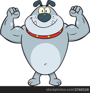 Smiling Gray Bulldog Cartoon Mascot Character Showing Muscle Arms