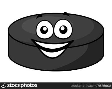 Smiling gray cartoon hockey puck with cute little face in horizontal format isolated over white background. Smiling cartoon hockey puck