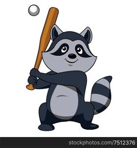 Smiling gray cartoon raccoon baseball player character standing with bat ready to hit a pitch ball, for sporting team or club mascot design. Cartoon raccoon baseball player character
