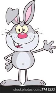 Smiling Gray Rabbit Cartoon Character Waving For Greeting
