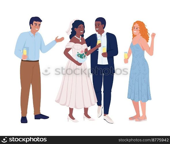 Smiling groom and bride with friends semi flat color vector characters. Editable figures. Full body people on white. Simple cartoon style illustration for web graphic design and animation. Smiling groom and bride with friends semi flat color vector characters