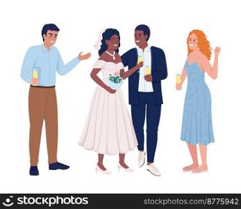 Smiling groom and bride with friends semi flat color vector characters. Editable figures. Full body people on white. Simple cartoon style illustration for web graphic design and animation. Smiling groom and bride with friends semi flat color vector characters