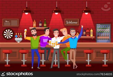 Smiling groom hugging friends, men drinking beer in pub. Males celebration bachelor party, laughing people standing near bar counter with alcohol. Vector illustration in flat cartoon style. Groom and Friends, Bachelor Party, Pub Vector