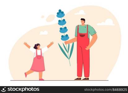 Smiling guy greeting girl giving flower. Happy man making surprise congratulating woman with bouquet on birthday or Valentines day. Love, relationships concept. Flat vector illustration. 