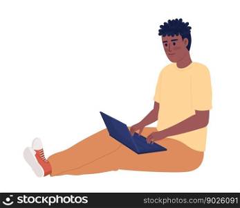 Smiling guy holding laptop on legs semi flat color vector character. Editable figure. Full body person on white. Simple cartoon style spot illustration for web graphic design and animation. Smiling guy holding laptop on legs semi flat color vector character