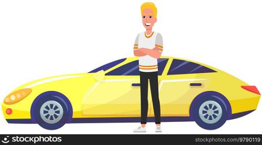 Smiling guy in sportswear next to his personal transport. Blond male character, athlete, sportsman driving vehicle. Cool rich man near expensive sports car. Yellow racing car vector illustration. Blond male character, athlete next to personal transport. Cool rich man near expensive sports car