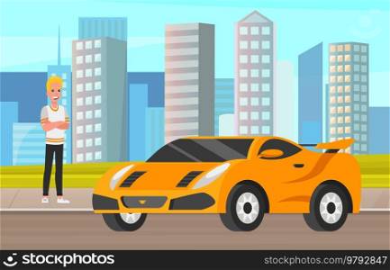 Smiling guy in sportswear next to his personal transport. Blond male character, athlete, sportsman driving vehicle. Cool rich man near expensive sports car. Yellow racing car vector illustration. Blond male character, athlete next to personal transport. Cool rich man near expensive sports car