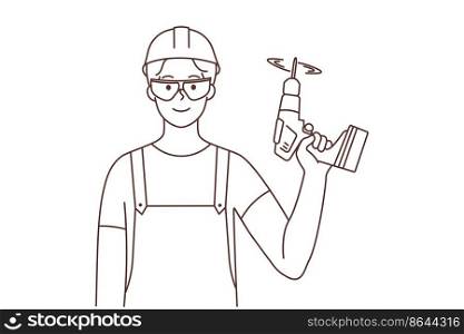 Smiling guy in uniform and helmet standing with drill in hands. Happy male mechanic or repairman with equipment. Occupation. Vector illustration. . Repairman with drill in hands 