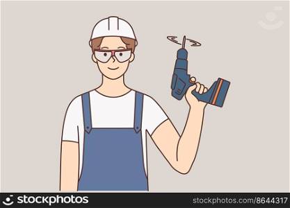Smiling guy in uniform and helmet standing with drill in hands. Happy male mechanic or repairman with equipment. Occupation. Vector illustration. . Repairman with drill in hands 