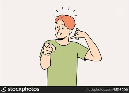 Smiling guy making hand gesture asking to call back. Happy man demonstrate callback sign. Nonverbal communication. Vector illustration.. Smiling guy make callback gesture