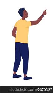 Smiling guy pointing with finger semi flat color vector character. Standing figure. Full body person on white. Gesture isolated modern cartoon style illustration for graphic design and animation. Smiling guy pointing with finger semi flat color vector character