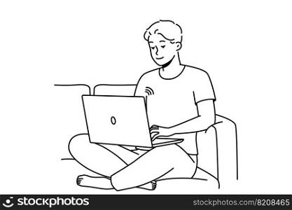Smiling guy sit on couch working on laptop using wireless network. Happy young man relax on sofa browse internet on computer. Vector illustration. . Smiling man on couch using laptop 
