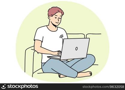 Smiling guy sit on couch working on laptop using wireless network. Happy young man relax on sofa browse internet on computer. Vector illustration.. Smiling man on couch using laptop