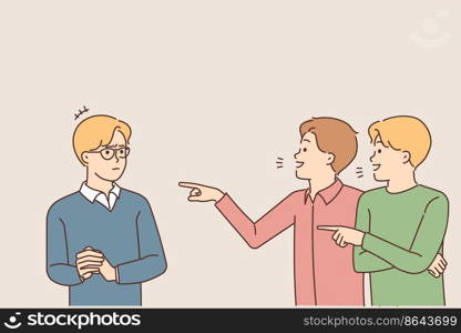 Smiling guys point at mate in glasses mocking or bullying him. Mad violent males laugh at stressed boy in eyewear. School mockery and discrimination. Vector illustration. . Violent guys point at boy in glasses