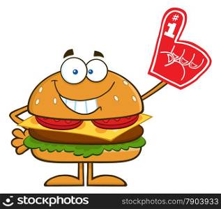 Smiling Hamburger Cartoon Character Showing A Number 1 Foam Finger