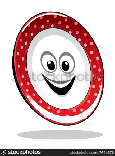 Smiling happy food plate with a colorful red rim with dots, cartoon illustration isolated on white