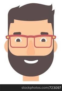 Smiling happy hipster man with the beard vector flat design illustration isolated on white background. Vertical layout.. Smiling happy man.