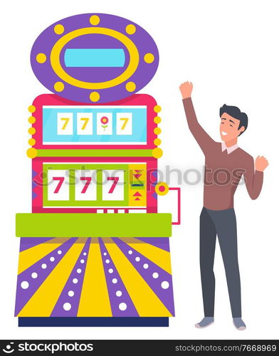 Smiling happy man winning game machine, 777 jackpot icons. Gamer male playing gambling computer, colorful casino equipment, person success vector. Casino Equipment, Game Machine and Player Vector