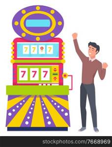 Smiling happy man winning game machine, 777 jackpot icons. Gamer male playing gambling computer, colorful casino equipment, person success vector. Casino Equipment, Game Machine and Player Vector
