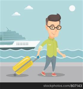 Smiling happy passenger with suitcase going to shipboard at the pier station. Adult caucasian passenger walking on the background of cruise liner. Vector flat design illustration. Square layout.. Passenger going to shipboard with suitcase.