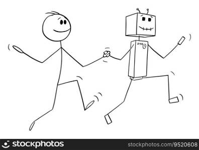Smiling happy person dancing or running hand to hand with Ai or robot, vector cartoon stick figure or character illustration.. Happy Person Running Hand to Hand with Robot or Ai, Vector Cartoon Stick Figure Illustration