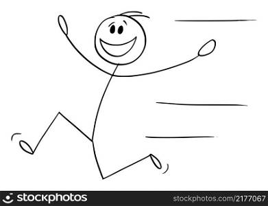 Smiling happy person running with arms open, vector cartoon stick figure or character illustration.. Happy Smiling Person Running with Arms Open , Vector Cartoon Stick Figure Illustration