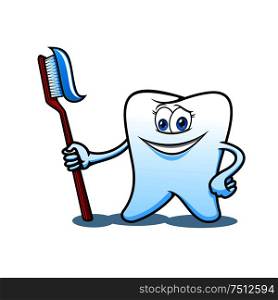 Smiling healthy white tooth cartoon character holds toothbrush with toothpaste in hand. For hygiene or dentistry themes design. Cartoon tooth with brush and toothpaste