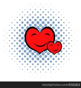 Smiling heart faces icon in comics style on a white background. Smiling heart faces icon, comics style