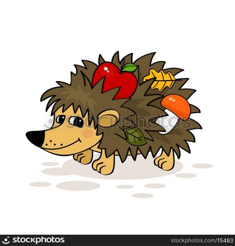 Smiling hedgehog with apple, mushroom and leaf vector illustration