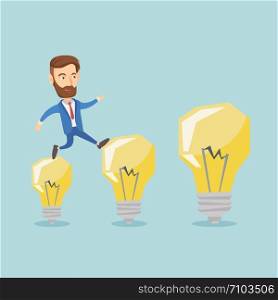 Smiling hipster business man with beard hopping onto idea light bulbs. Caucasian business man jumping on idea light bulbs. Concept of business idea. Vector flat design illustration. Square layout.. Business man jumping on light bulbs.
