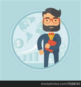 Smiling hipster caucasian businessman with the beard giving a business presentation on the background of growing chart and a map. Vector flat design illustration in the circle isolated on background.. Businessman giving business presentation.