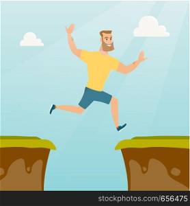 Smiling hipster man with beard jumping across the gap from one rock to another. Young caucasian sportsman jumping over rocks with a gap. Vector flat design illustration. Square layout.. Young caucasian sportsman jumping over the cliff.
