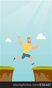 Smiling hipster man with beard jumping across the gap from one rock to another. Young caucasian sportsman jumping over rocks with a gap. Vector flat design illustration. Vertical layout.. Young caucasian sportsman jumping over the cliff.