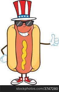 Smiling Hot Dog With Sunglasses And Patriotic Hat Showing A Thumb Up.
